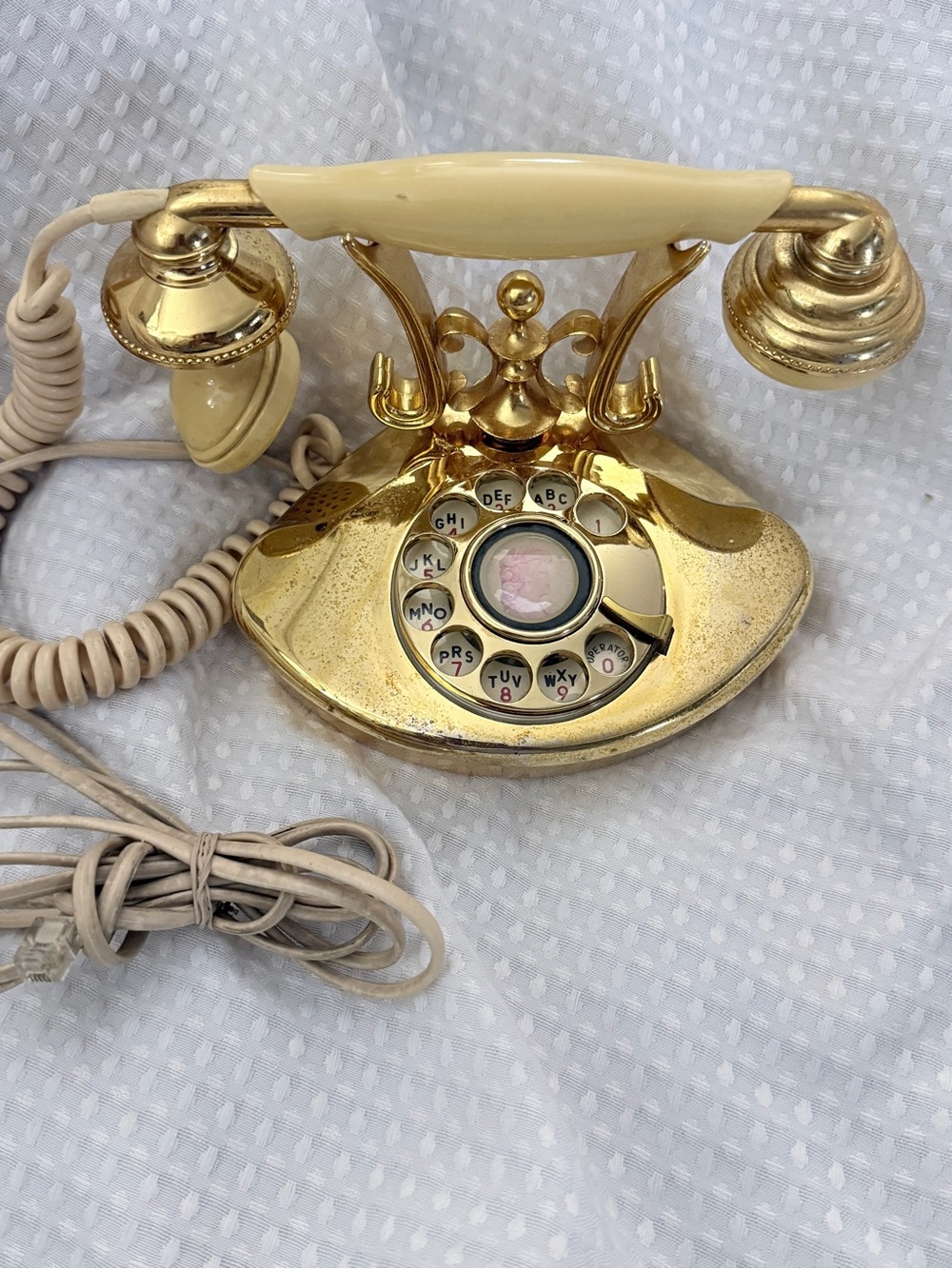Vintage Cutie Gold Tone Rotary Dial Landline Phone Retro French Cradle Style